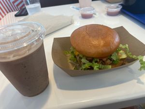Vegan Cowboy Chicken Sandwich with Chocolate Oreo Shake at Meta Burger in Boulder