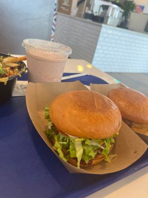 Two Vegan Burgers
Far right was Uncle Phil
Strawberry Vegan Shake in the background  at Meta Burger in Boulder
