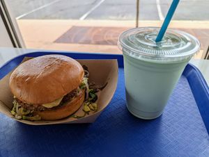 The flatiron, with mushrooms and brussel sprouts, and an oat-based shake. at Meta Burger in Boulder