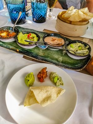 Spicy cashews, guacamole and jalapenos, edamame hummus at Antasia Beach Club in Paphos