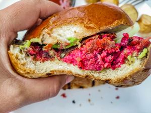 Beetroot burger at Antasia Beach Club in Paphos