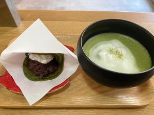 Dorayaki and matcha soy latte   at Dolala in Yokohama