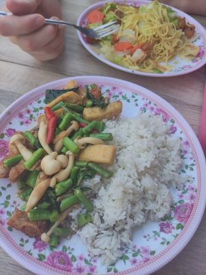 Basil fried 'chicken'(tofu + soy) and veg at Tukta in Koh Tao