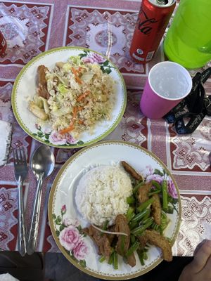 Crispy pork with fragrant flowers & fried rice   at Tukta in Koh Tao