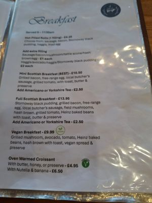 November 2025 - menu showing vegan breakfast at Corner on the Square in Beauly