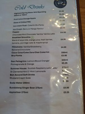 November 2025 - menu showing breakfast smoothie at Corner on the Square in Beauly