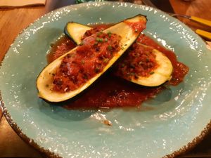 Menu of the day / Main / vegan mince meat stuffed courgettes  at A Vocados de Cine in Barcelona