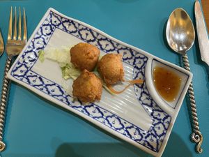 Tod Mun Pak (vegetable dumplings) with Thai sauce  at Rama Thai in Dundee