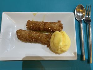 Thai banana fritters with sorbet  at Rama Thai in Dundee