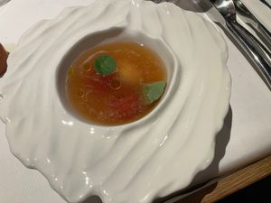 Cold tomato soup, cherry tomatoes, horseradish sorbet at Opasly Tom in Warsaw