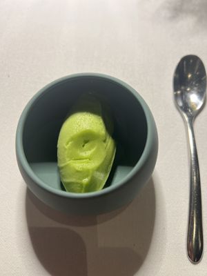 Cucumber sorbet (palate cleanser- not on tasting menu)  at Opasly Tom in Warsaw