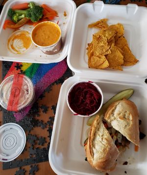 Banh mi sandwich, beet slaw, chips and cashew queso at Sweet Melissa Cafe in Laramie