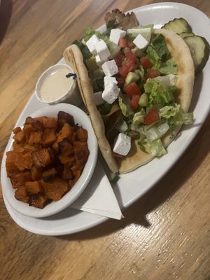 Seitan gyro with roasted sweet potatoes   at Sweet Melissa Cafe in Laramie