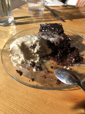 Vegan ice cream and chocolate cake, in the process of being destroyed at Sweet Melissa Cafe in Laramie
