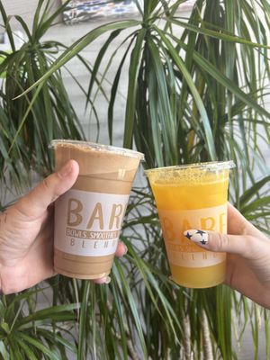 Mocha blend and sweet citrus juice in front of a REAL tree!   at Bare Blends in Denver