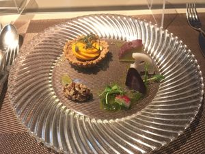 Brown rice cereal tart, pumpkin and soy milk cream, marinated vegetables at Ciliegio in Tokyo