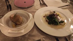 Starters, left potato and right vegan cheese with eggplant at The Four Rooms of Mrs. Safija in Sarajevo