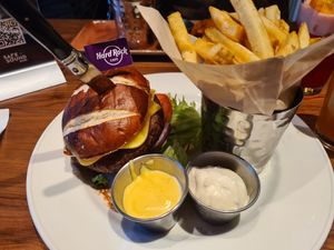 Vegan burger and fries at Hard Rock Cafe in Newcastle Upon Tyne