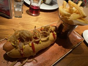 Hot dog and salt death chips   at Hard Rock Cafe in Newcastle Upon Tyne