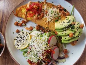 Best Vegan breakfast hands down...Vegan Chickpea Omelet portions are big and their food and Coffee are out of this world. at Eduardos Hideaway in Noord