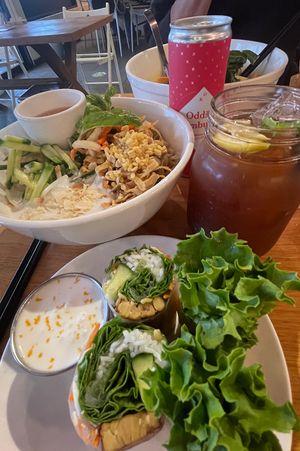 Tempeh fresh rolls, booch, salad, elderberry tea!  at Chau Veggie Express in Vancouver