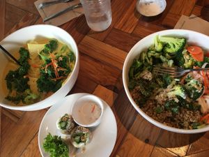 Power bowl - golden soup and tempeh coconut rolls at Chau Veggie Express in Vancouver