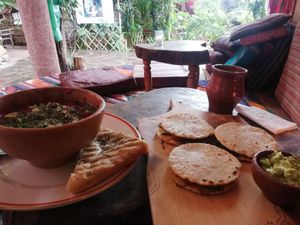 Beetroot soup with focaccia and quesadillas with homemade vegan cashew cheeze at The Emporium in San Marcos La Laguna