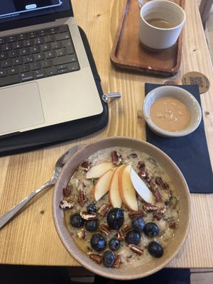 Porridge with extra peanut butter  at Gecko Coffeehouse in East London