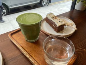 Matcha and carrot cake  at Gecko Coffeehouse in East London