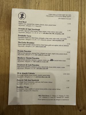 Menü  at Gecko Coffeehouse in East London