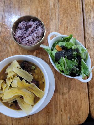 Comes with rice and a salad. Not sure if it's all day or just for dinner at O'Kims in Honolulu