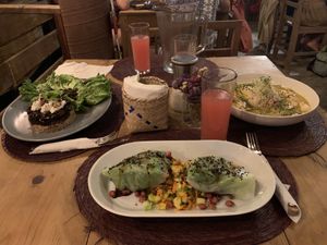 Aubergine, spring rolls and Curry  at Arena Negra in Mazunte