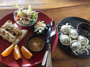 Delicious tofu and satay sauce, salad  with pickled vegies and mushroom dumplings 👌  at Home No.8 in Krabi