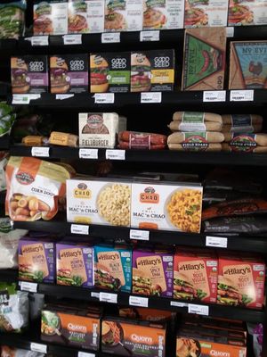 Some of their vegan meat, and vegan mac & cheese at Earth Origins Market in Port Charlotte