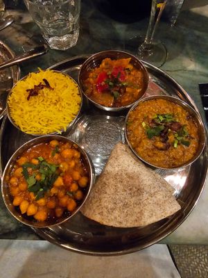Vegan thali. The mango sorbet came out separately after I'd eaten all this to prevent it from melting. at Chaat Indian Tapas & Lounge in West Kirby