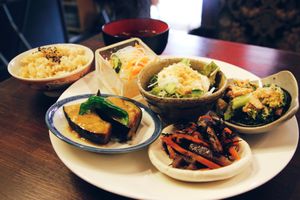 Japanese lunch plate with miso soup and refillable brown rice and  at Sujata in Kyoto