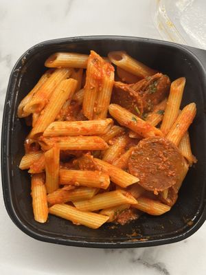 Spicy Tomato & Sausage Penne (Made Vegan) at Bennyssimo in Bathgate