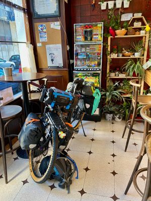 In the morning I could even briefly park my bike inside, thanks! at Pasiones Bar  in Gijon