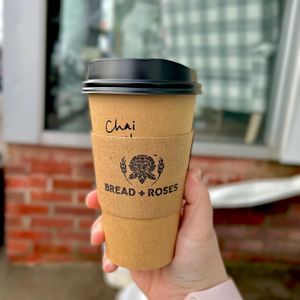 Hot chai with oatly! at Bread + Roses in Hyannis