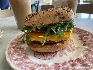 The breakfast sandwich with a beyond sausage patty added  at Bread + Roses in Hyannis