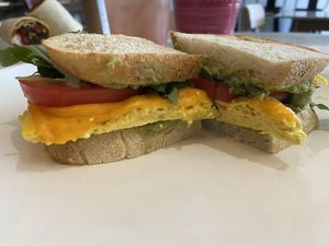 Breakfast sandwich on sourdough   at Bread + Roses in Hyannis