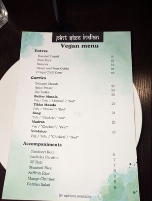 The vegan menu! at Pint Size Indian in Point Cook