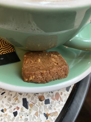 This cookie (offered with hot beverages) is vegan and tasty. I think it’s an almond cookie.  at Anne&Max in Apeldoorn
