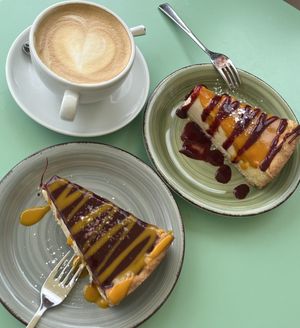 Vegan cake and coffee with oatmilk  at Cafe MUSTI in Erfurt
