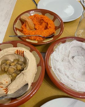 Hummus, Mohammara (red sauce) and Lababeh  at Ristorante Libanese Falafel in Brescia
