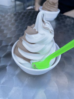 oat milk vanilla & german chocolate swirl at Paradise Yogurt in San Diego