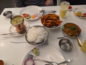 Yellow dahl, plain rice, masala chips, mushroom tikka masala at Chowpaty in Nairobi
