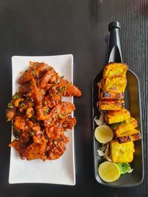 Kung Pao potato wedges (amazing) and tofu tikka (vegan tikka paste) at Chowpaty in Nairobi