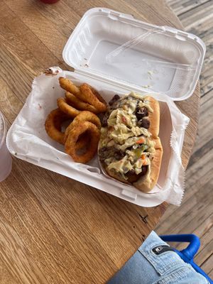 shaw dog and onion rings  at Glizzys in Washington