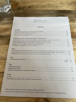 Menu as if 12/8/21 at Meander Riverside Eatery in Pagosa Springs